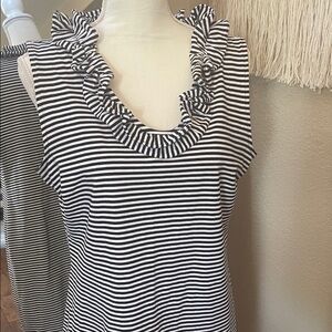 Talbots Black and White Striped Ruffle Neck Sleeveless Dress